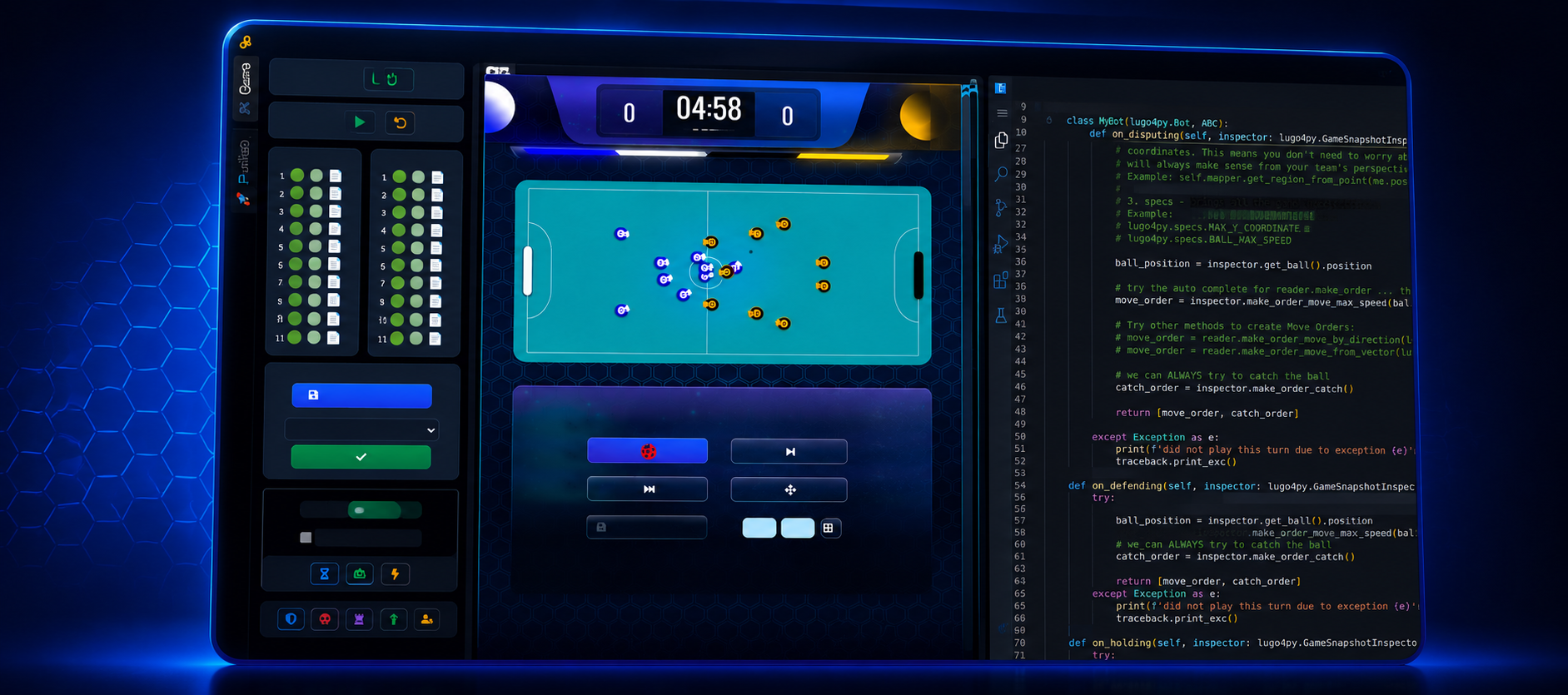 Lugo Studio V2 interface with game field, bot controls, and built-in code editor