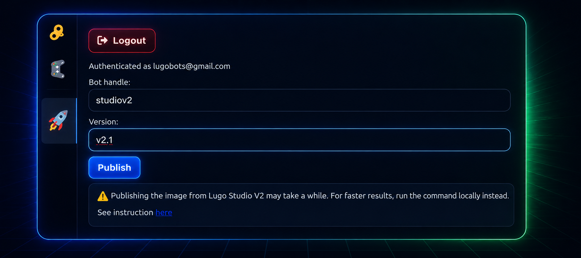 Lugo Studio publish screen with bot handle, version, and one-click publish to Lugo Bots